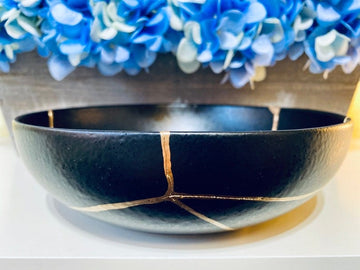 Kintsugi Bowl, Kintsugi Gifts, Home Decor, Home Gifts, Kintsugi Repaired Black and Gold Low Stoneware Bowl